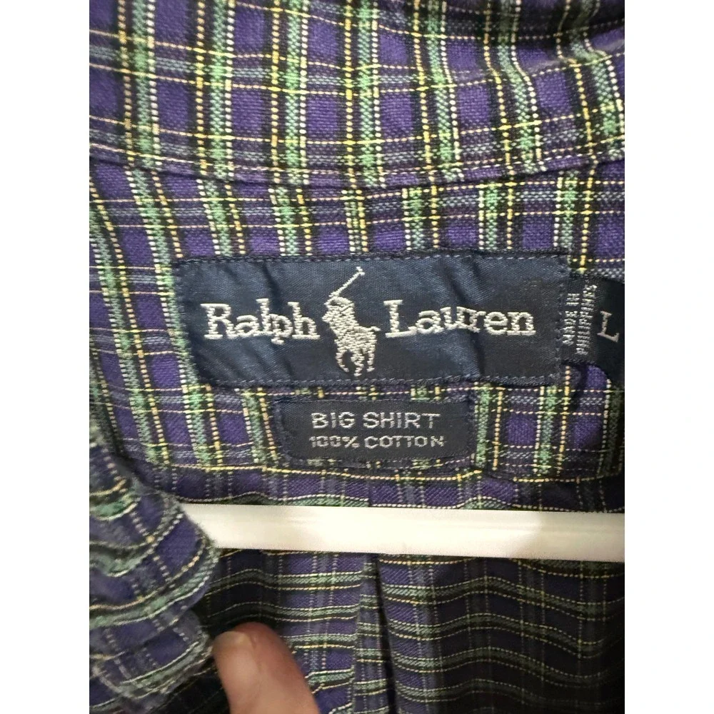 Polo Ralph Lauren Big Shirt Mens Large L Navy Green Plaid Button Down Cotton